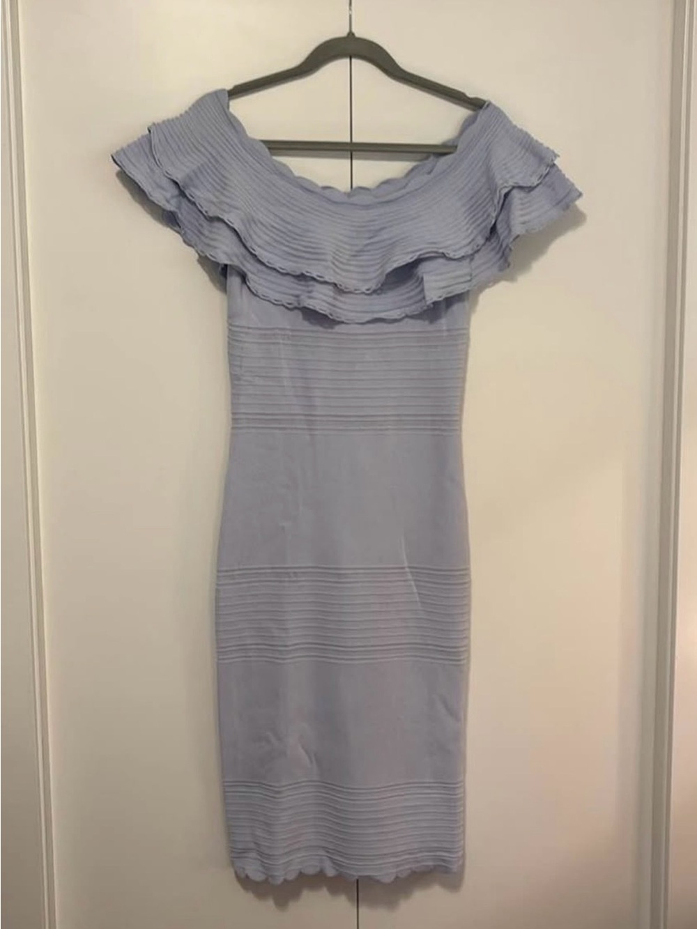 Eliza J Eyelet Off The Shoulder Light Blue Ruffle Bodycon Dress
